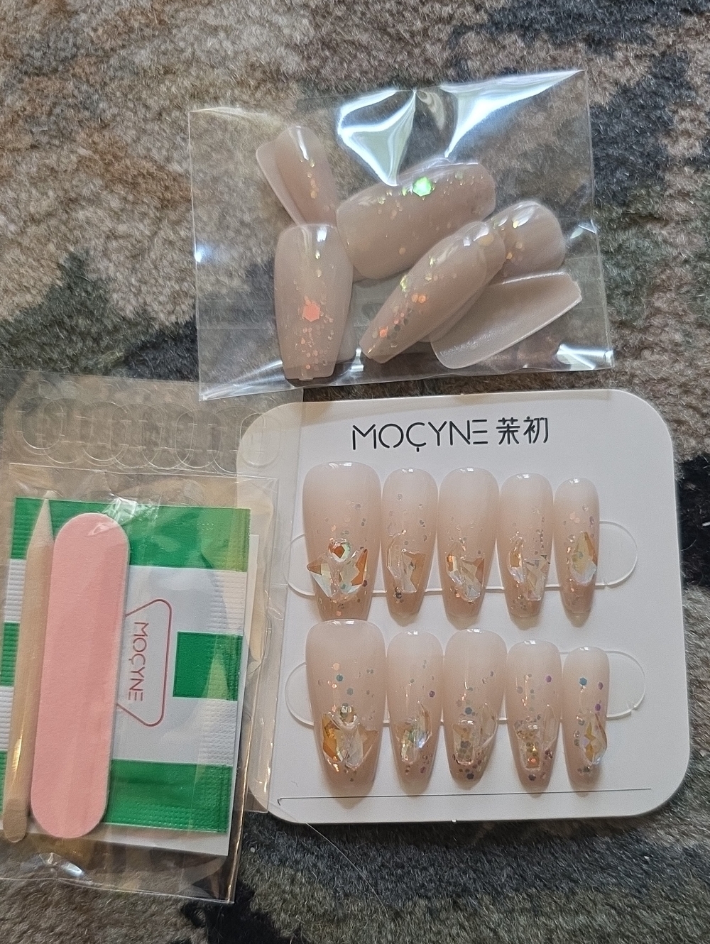 Nude Beige Press-On Nails with Iridescent Flakes 24pc